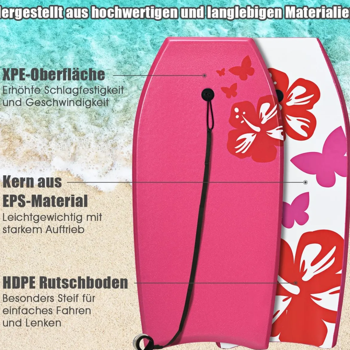 Bodyboard leichtgewichtig Schwimmbrett mit EPS-Kern & XPE Oberfläche für den Strand für Kinder & Erwachsene 94cm/106cm Rosa
