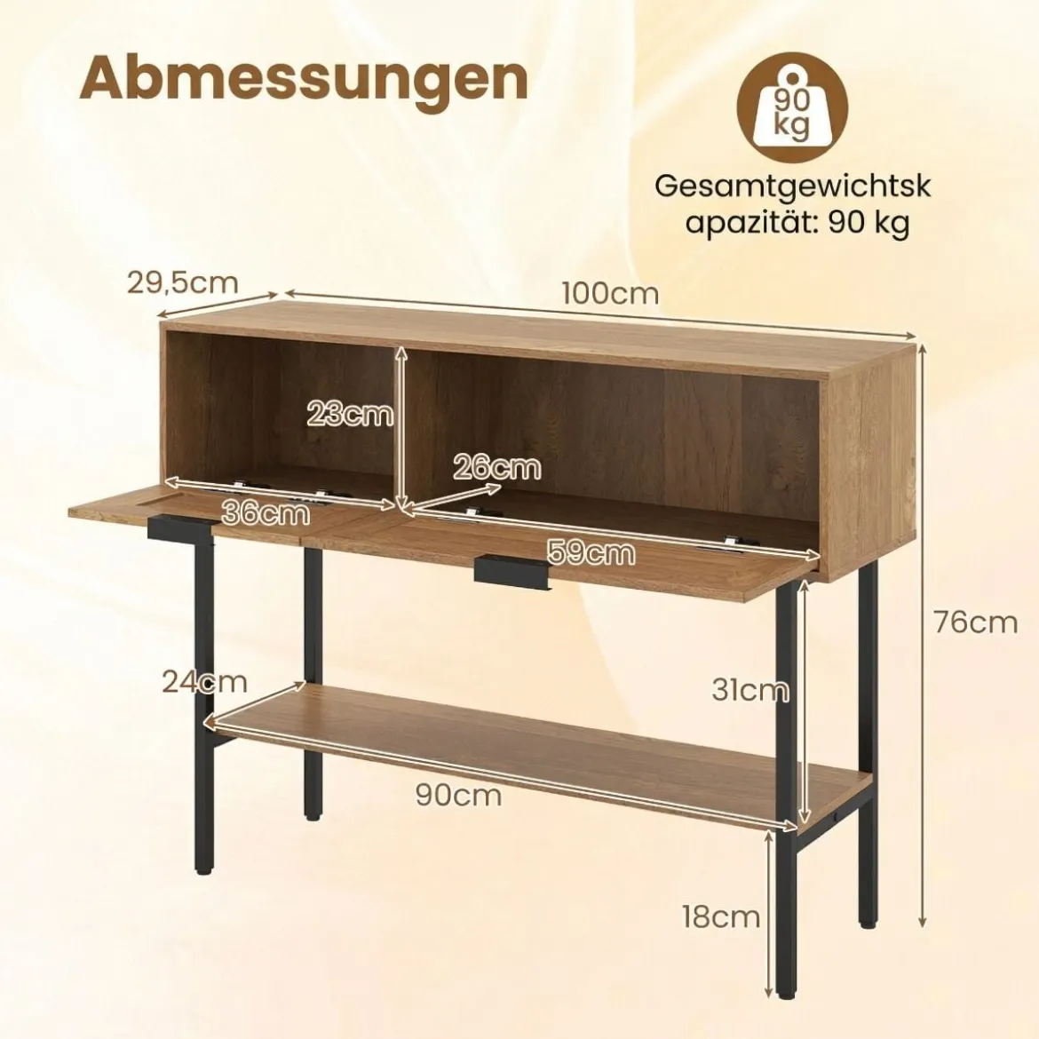 Boho Konsolentisch mit 2 Fächern & Offene Ablage Schmaler Flurtisch Blastbar bis 90 kg Natur