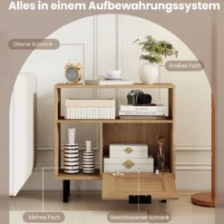 Boho Rattan Nachttisch Akzent-Beistelltisch mit Ablagefach Schrank & Metallbeinen Rustikaler Nachttisch Natur