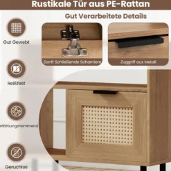 Boho Rattan Nachttisch Akzent-Beistelltisch mit Ablagefach Schrank & Metallbeinen Rustikaler Nachttisch Natur