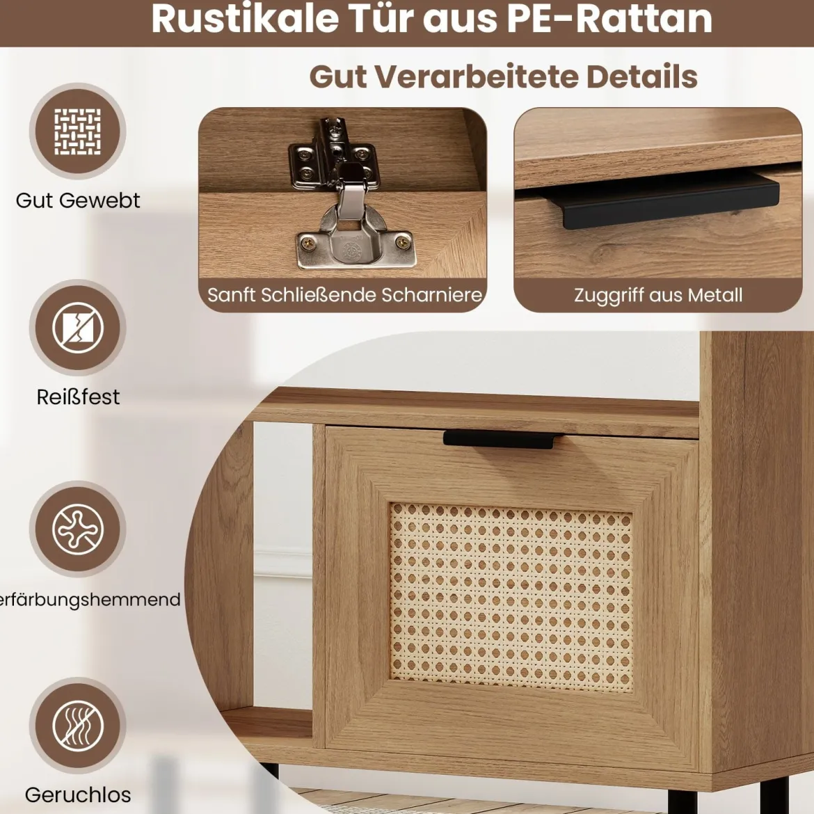 Boho Rattan Nachttisch Akzent-Beistelltisch mit Ablagefach Schrank & Metallbeinen Rustikaler Nachttisch Natur