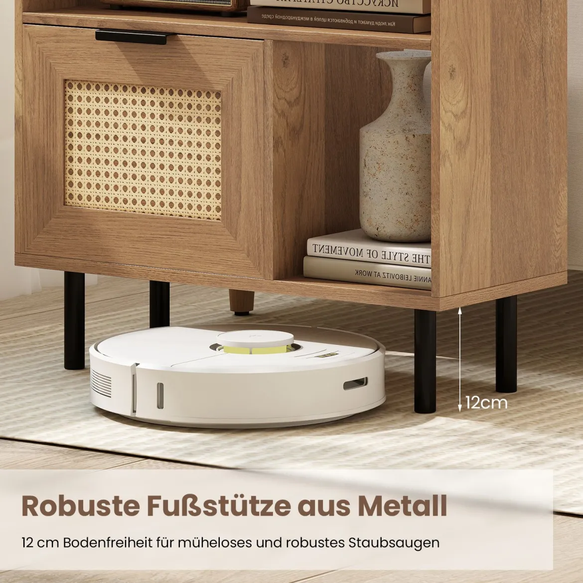 Boho Rattan Nachttisch Akzent-Beistelltisch mit Ablagefach Schrank & Metallbeinen Rustikaler Nachttisch Natur