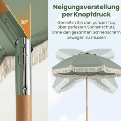 Boho Sonnenschirm Beidseitig um 30° Knickbar 170 cm Gartenschirm mit Fransen Balkonschirm Blau/Grün