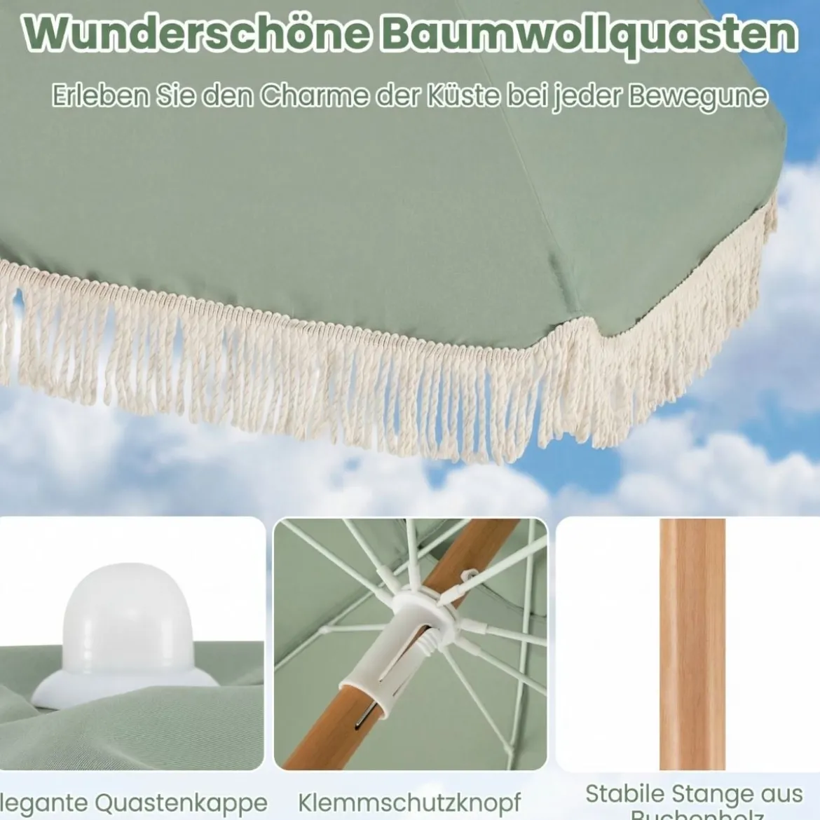 Boho Sonnenschirm Beidseitig um 30° Knickbar 170 cm Gartenschirm mit Fransen Balkonschirm Blau/Grün