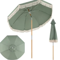 Boho Sonnenschirm Beidseitig um 30° Knickbar 170 cm Gartenschirm mit Fransen Balkonschirm Blau/Grün