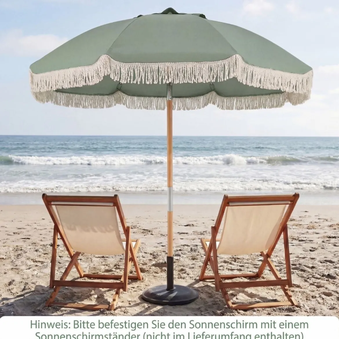 Boho Sonnenschirm Beidseitig um 30° Knickbar 170 cm Gartenschirm mit Fransen Balkonschirm Blau/Grün