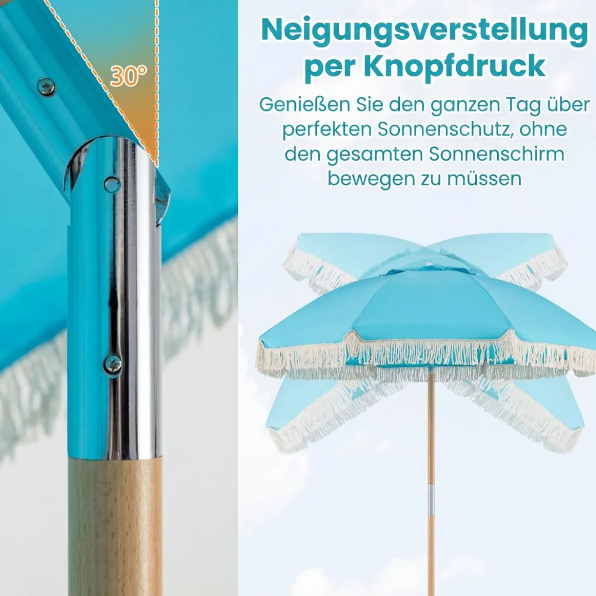 Boho Sonnenschirm Beidseitig um 30° Knickbar 170 cm Gartenschirm mit Fransen Balkonschirm Blau/Grün