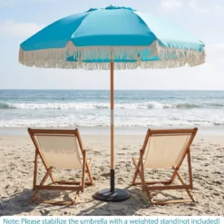 Boho Sonnenschirm Beidseitig um 30° Knickbar 170 cm Gartenschirm mit Fransen Balkonschirm Blau/Grün