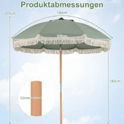 Boho Sonnenschirm Beidseitig um 30° Knickbar 170 cm Gartenschirm mit Fransen Balkonschirm Blau/Grün