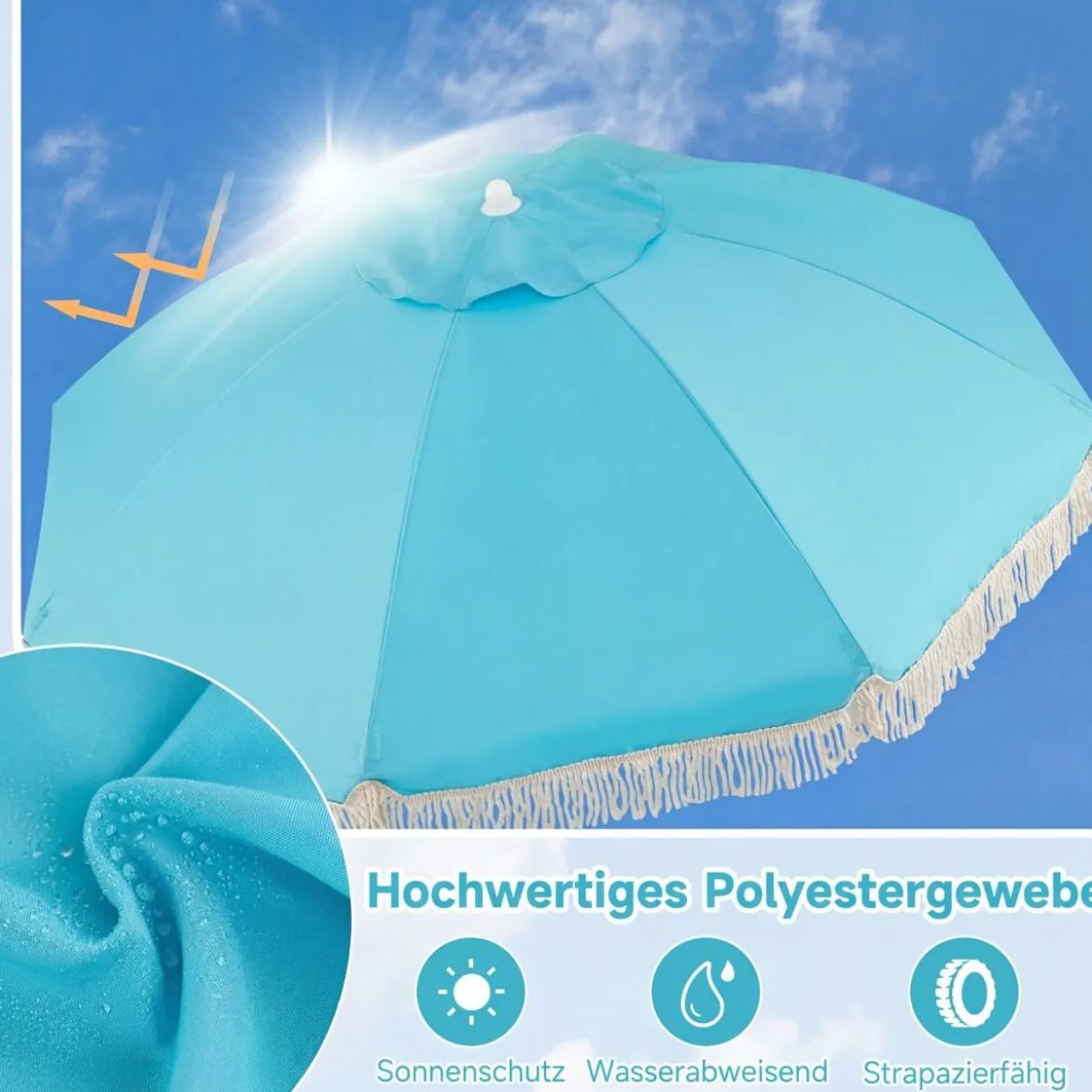 Boho Sonnenschirm Beidseitig um 30° Knickbar 170 cm Gartenschirm mit Fransen Balkonschirm Blau/Grün