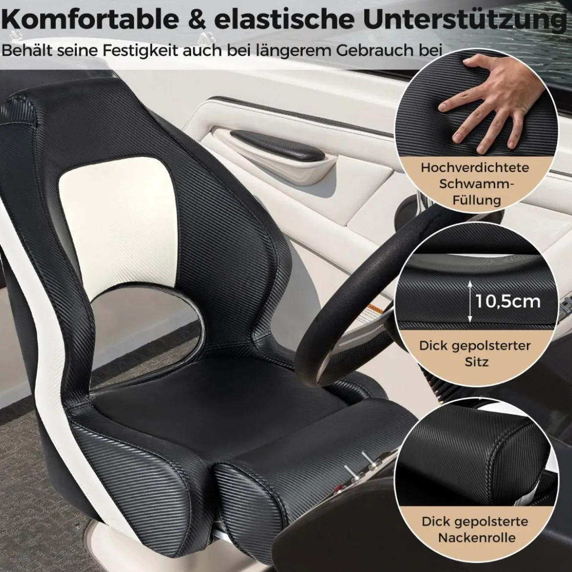 Bootsstuhl mit Hochklappbarer Nackenrolle & Wasserfestem PVC-Lederbezug Steuerstuhl