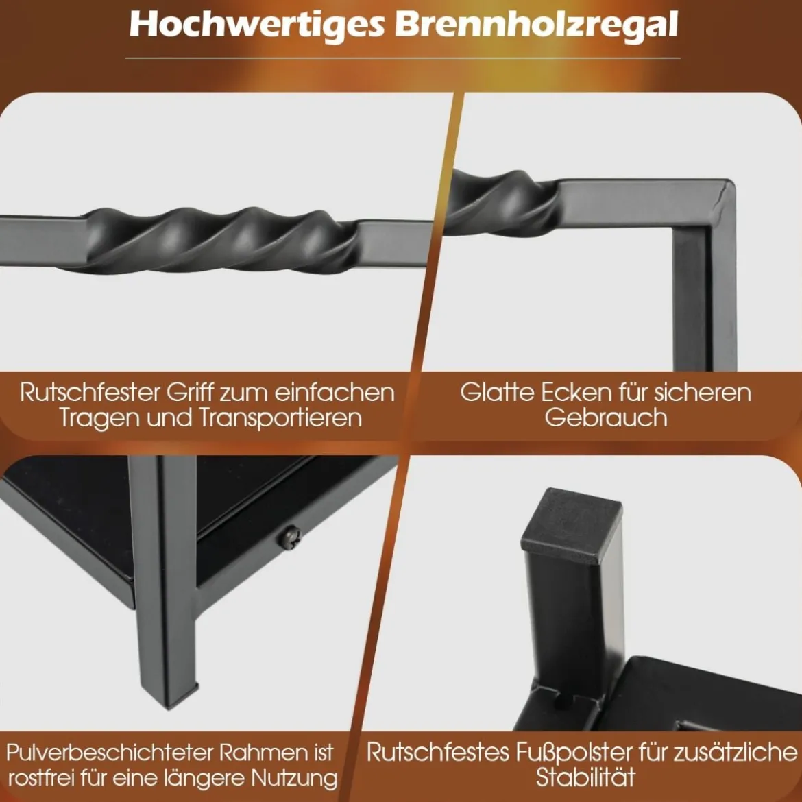 Brennholzregal Kaminholzregal Metall Feuerholzregal Holzscheitregal mit Sockel & Griffen