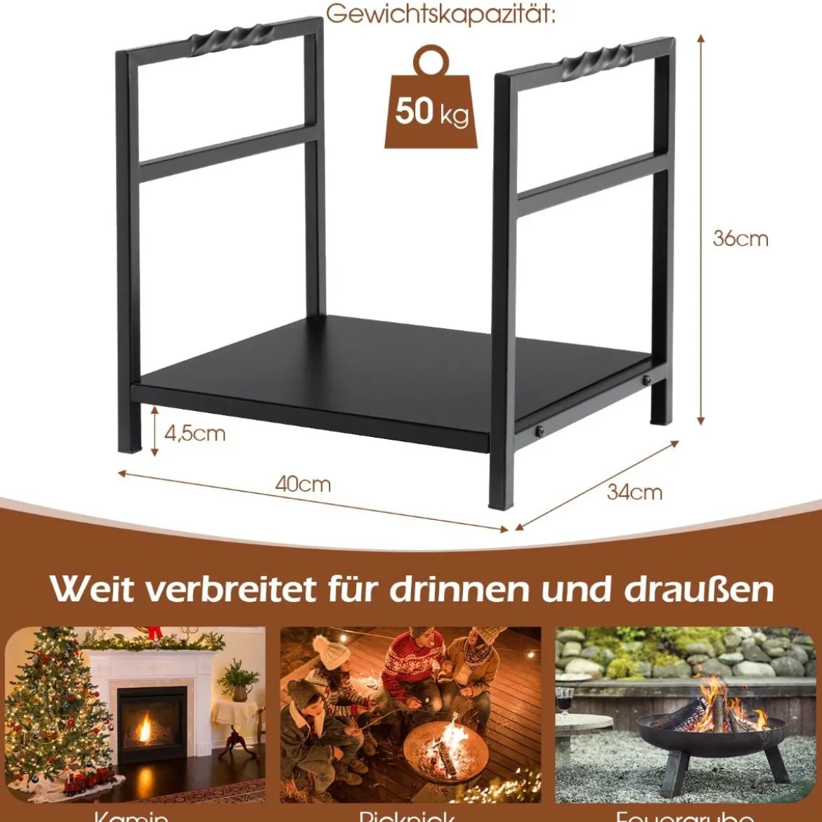 Brennholzregal Kaminholzregal Metall Feuerholzregal Holzscheitregal mit Sockel & Griffen