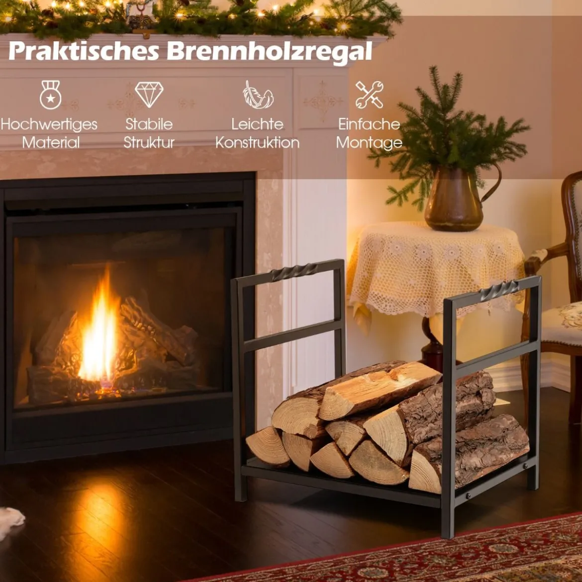 Brennholzregal Kaminholzregal Metall Feuerholzregal Holzscheitregal mit Sockel & Griffen