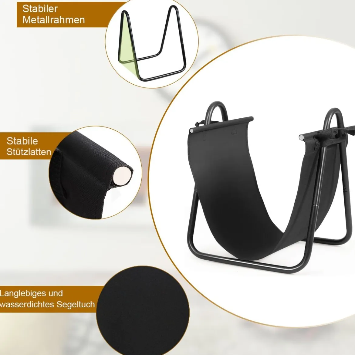 Brennholzregal mit Segeltuch-Tragetasche Kaminholzhalter mit Robustem Metallrahmen Schwarz