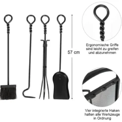 Brennholzständer mit 4 Werkzeugen mit Zange Bürste Schaufel & Schürhaken Schwarz