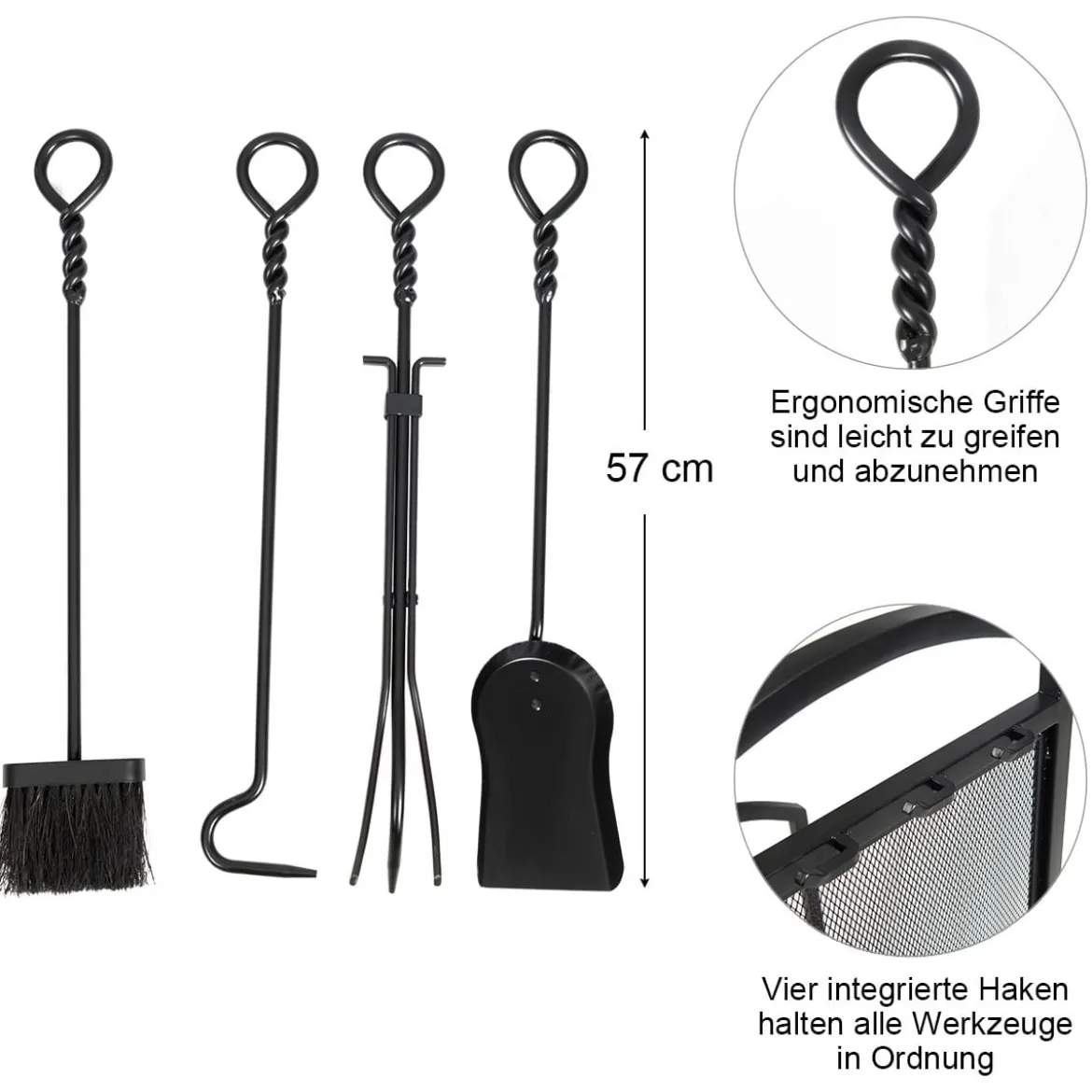 Brennholzständer mit 4 Werkzeugen mit Zange Bürste Schaufel & Schürhaken Schwarz