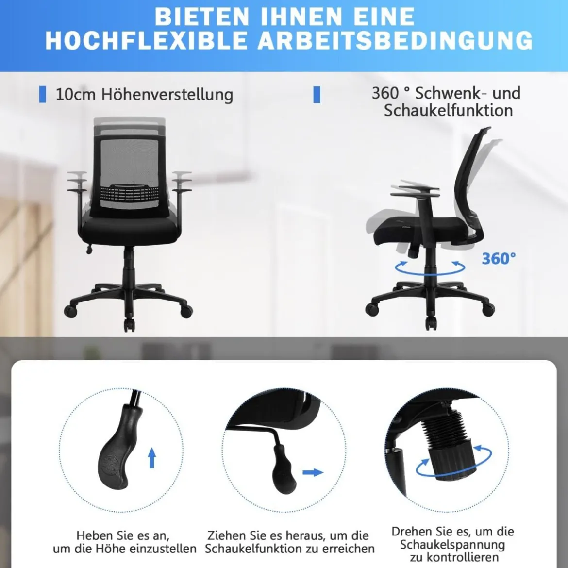 Bürodrehstuhl Ergonomischer Bürostuhl mit Lendenwirbelstütze 71 x 71 x 91-101 cm Schwarz