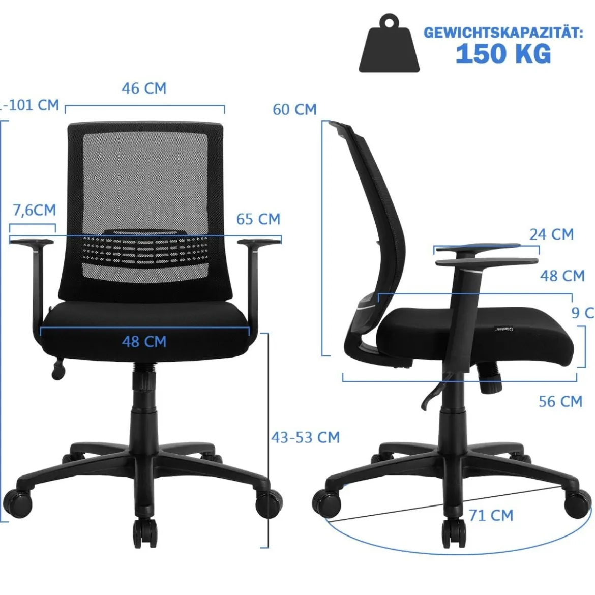 Bürodrehstuhl Ergonomischer Bürostuhl mit Lendenwirbelstütze 71 x 71 x 91-101 cm Schwarz