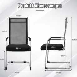 Büro-Gästestühle im 2er-Set Konferenzstuhl für Besprechungsräume mit Metall-Kufenfuß 55 x 64 x 108 cm Schwarz