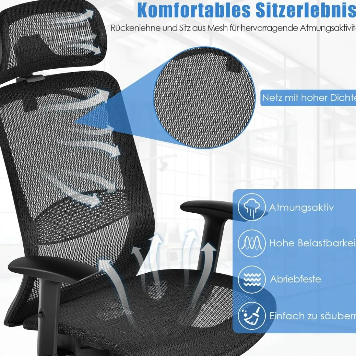 Bürostuhl auf Rollen Ergonomischer Netz Bürostuhl Gamingstuhl 68 x 68 x 114,5-124,5 cm Schwarz