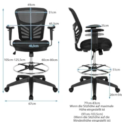 Bürostuhl Drehstuhl mit Rollen Höhenverstellbarer Stuhl mit ußstütze 67 x 67 x 105 - 125,5 cm Schwarz