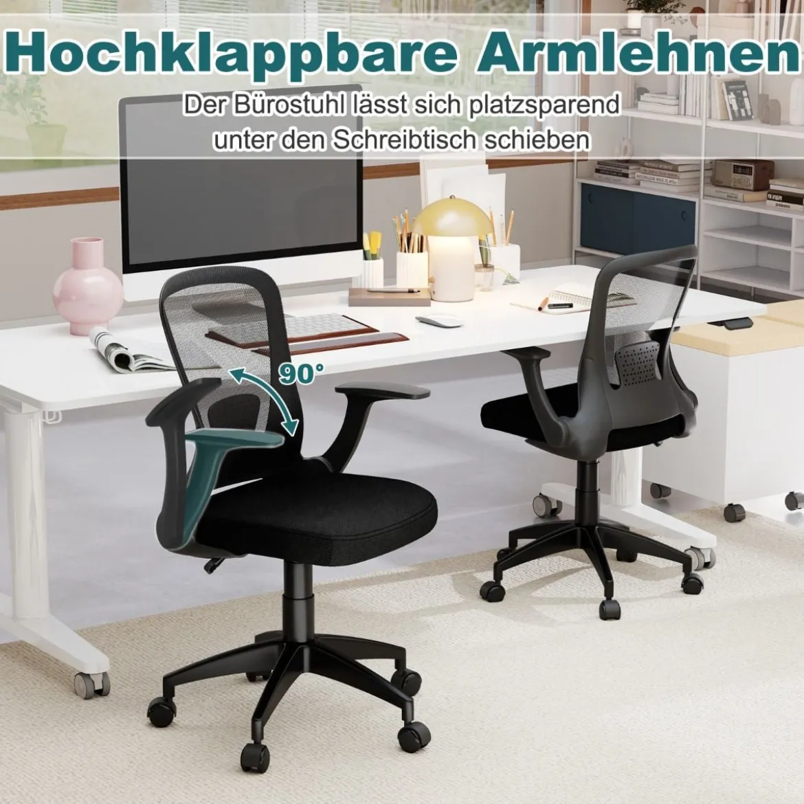 Bürostuhl ergonomischer Drehstuhl mit hochklappbaren Armlehnen & Lendenstütze
