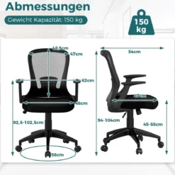 Bürostuhl ergonomischer Drehstuhl mit hochklappbaren Armlehnen & Lendenstütze