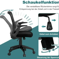 Bürostuhl ergonomischer Drehstuhl mit hochklappbaren Armlehnen & Lendenstütze