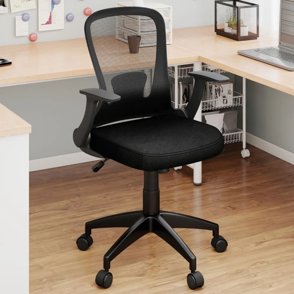 Bürostuhl ergonomischer Drehstuhl mit hochklappbaren Armlehnen & Lendenstütze