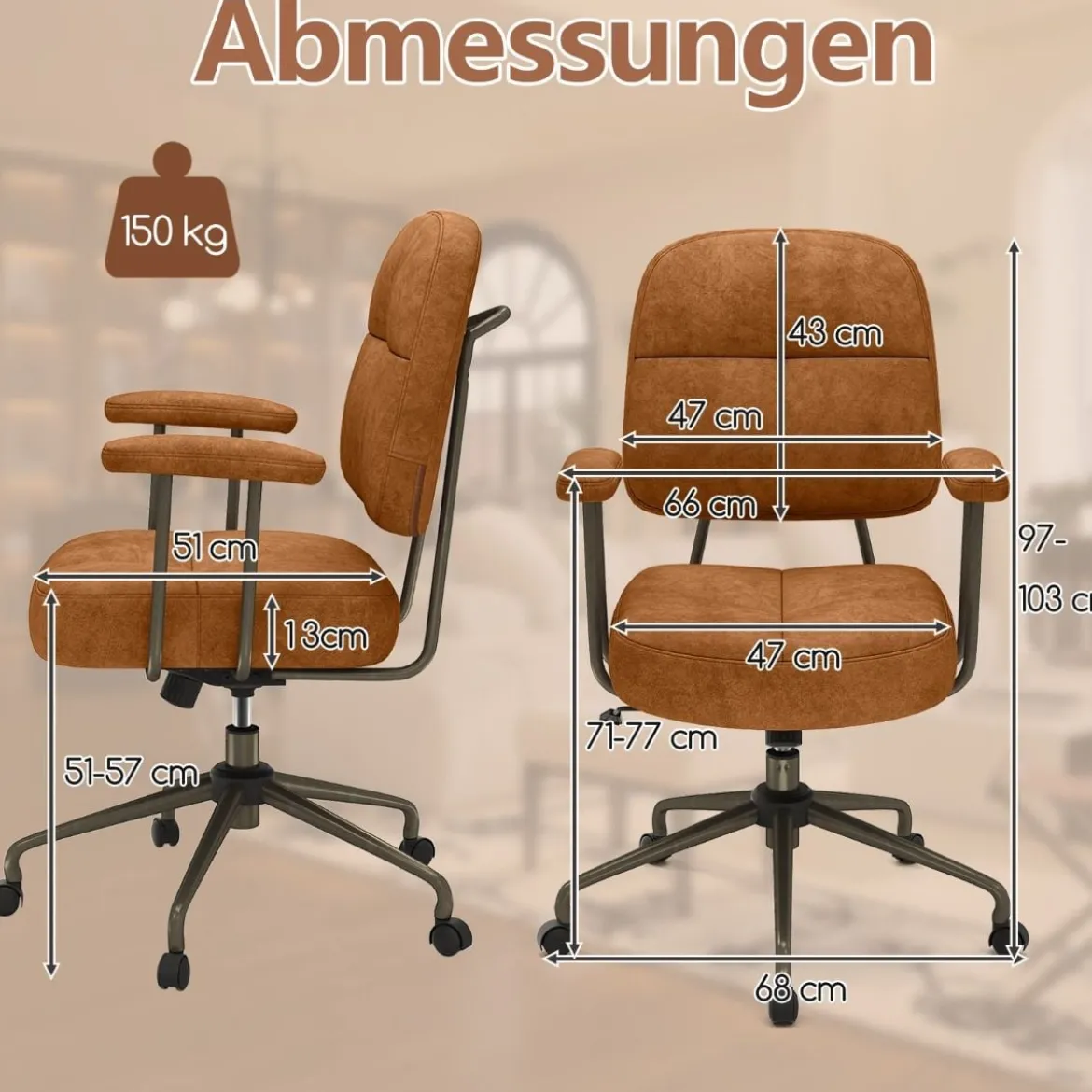 Bürostuhl ergonomischer Drehstuhl mit Armlehnen & Rollen Computerstuhl gepolstert höhenverstellbar