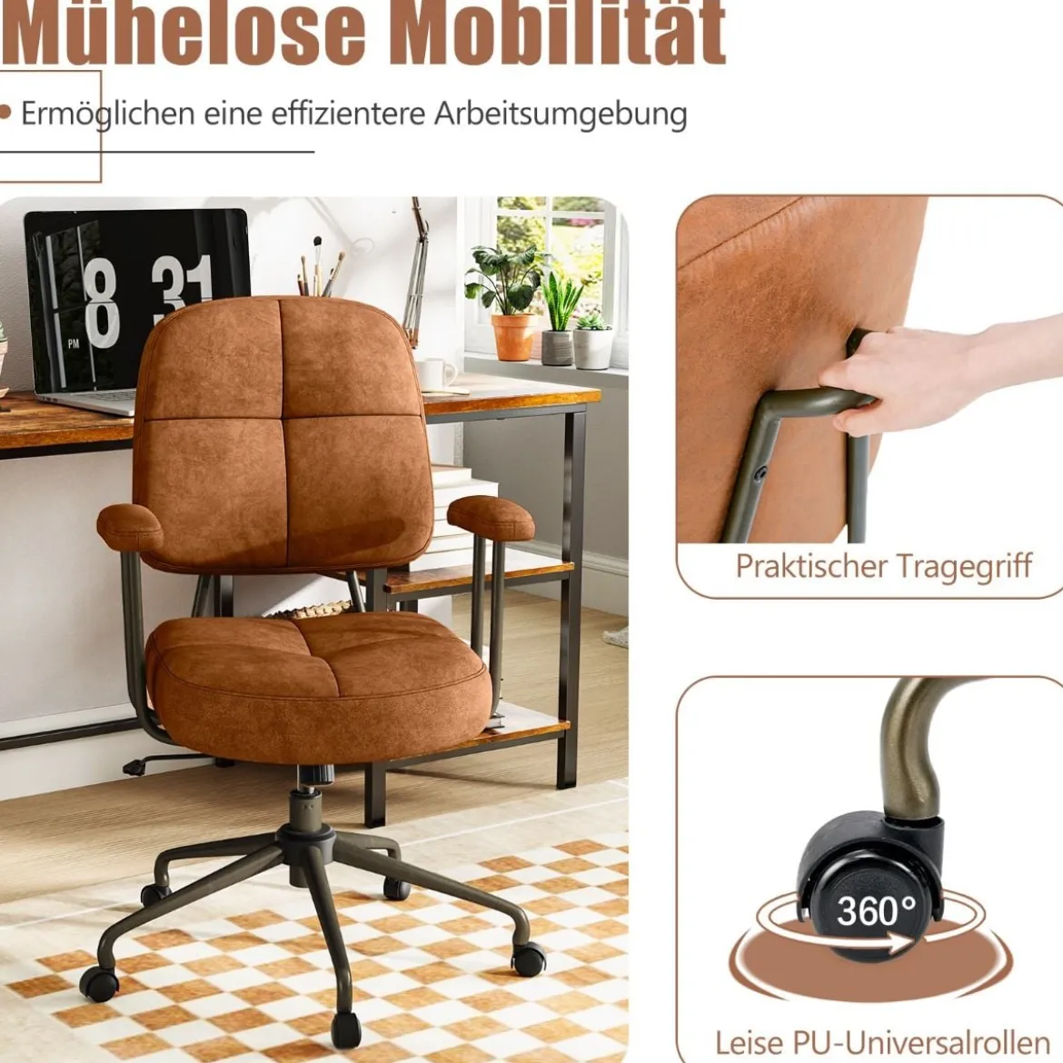 Bürostuhl ergonomischer Drehstuhl mit Armlehnen & Rollen Computerstuhl gepolstert höhenverstellbar
