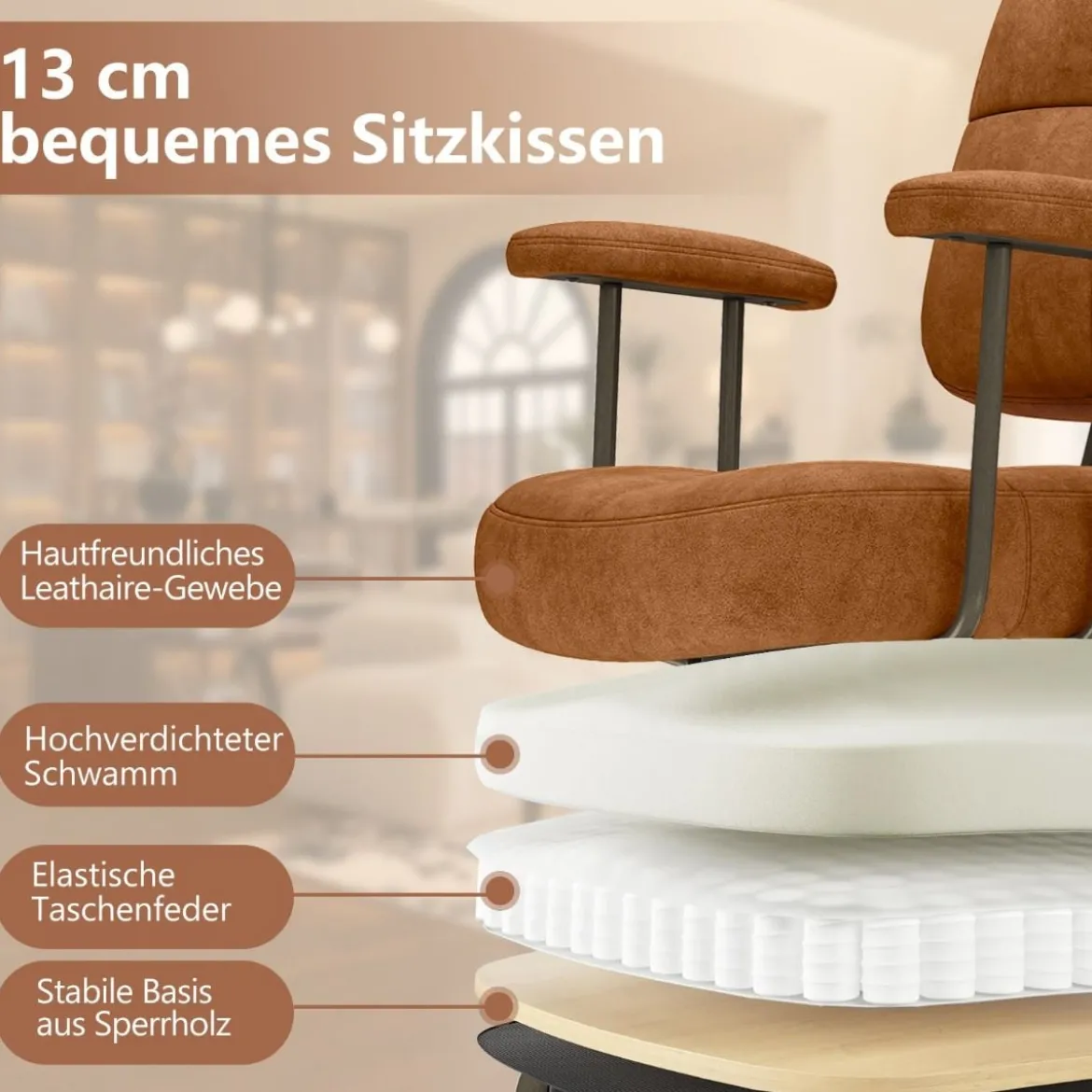 Bürostuhl ergonomischer Drehstuhl mit Armlehnen & Rollen Computerstuhl gepolstert höhenverstellbar