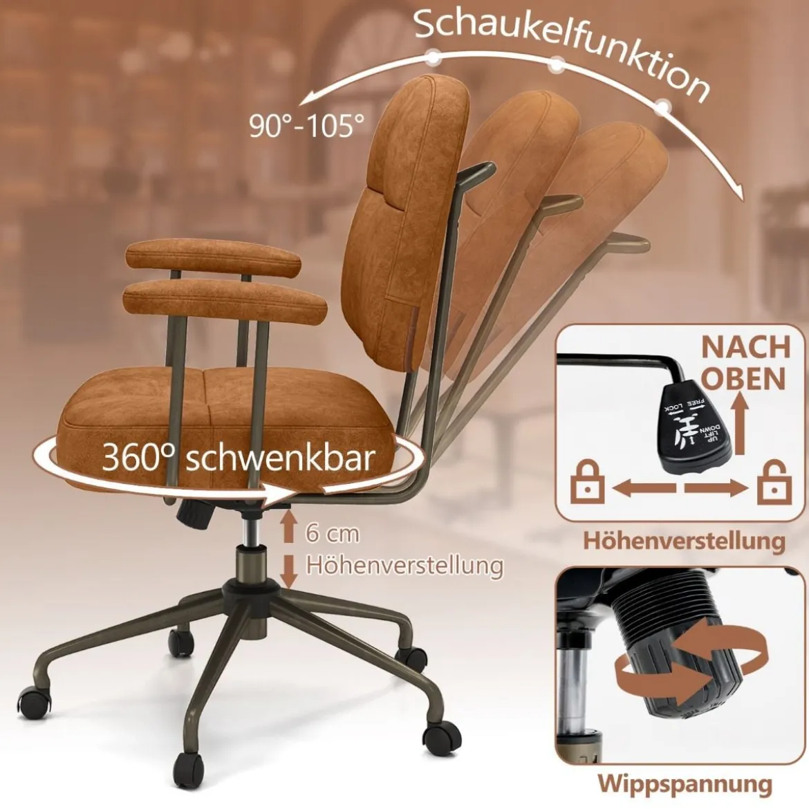 Bürostuhl ergonomischer Drehstuhl mit Armlehnen & Rollen Computerstuhl gepolstert höhenverstellbar