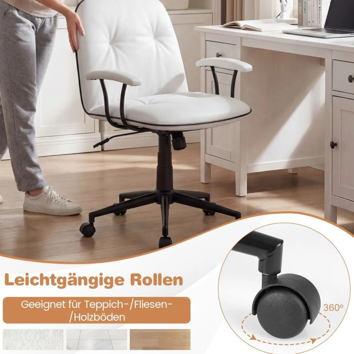 Bürostuhl ergonomischKunstleder Schreibtischstuhl mit gepolsterten Armlehnen & breitem Sitz Weiß