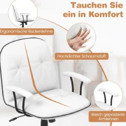 Bürostuhl ergonomischKunstleder Schreibtischstuhl mit gepolsterten Armlehnen & breitem Sitz Weiß
