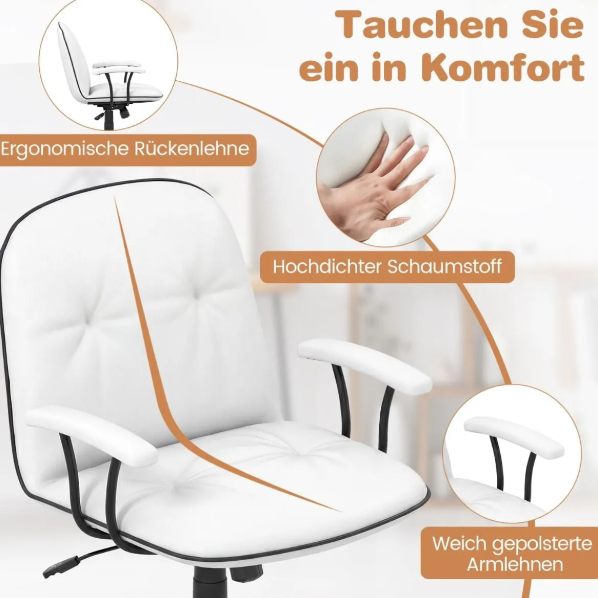 Bürostuhl ergonomischKunstleder Schreibtischstuhl mit gepolsterten Armlehnen & breitem Sitz Weiß