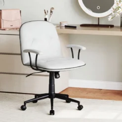 Bürostuhl ergonomischKunstleder Schreibtischstuhl mit gepolsterten Armlehnen & breitem Sitz Weiß