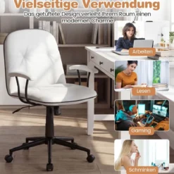 Bürostuhl ergonomischKunstleder Schreibtischstuhl mit gepolsterten Armlehnen & breitem Sitz Weiß