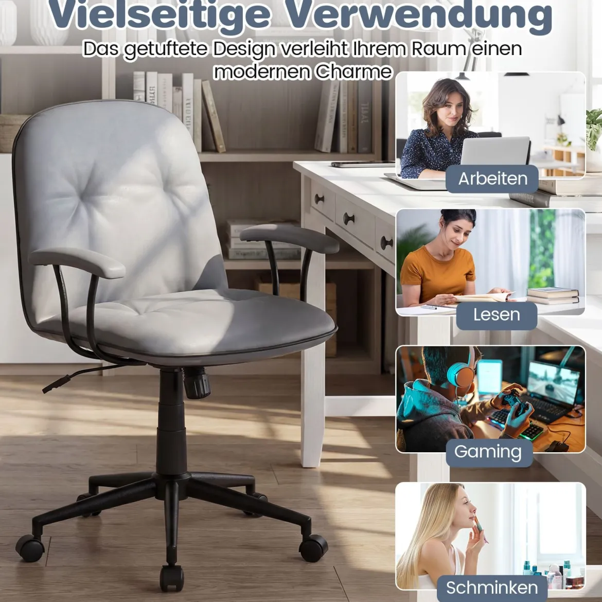 Bürostuhl ergonomischKunstleder Schreibtischstuhl mit gepolsterten Armlehnen & breitem Sitz Grau