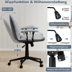 Bürostuhl ergonomischKunstleder Schreibtischstuhl mit gepolsterten Armlehnen & breitem Sitz Grau