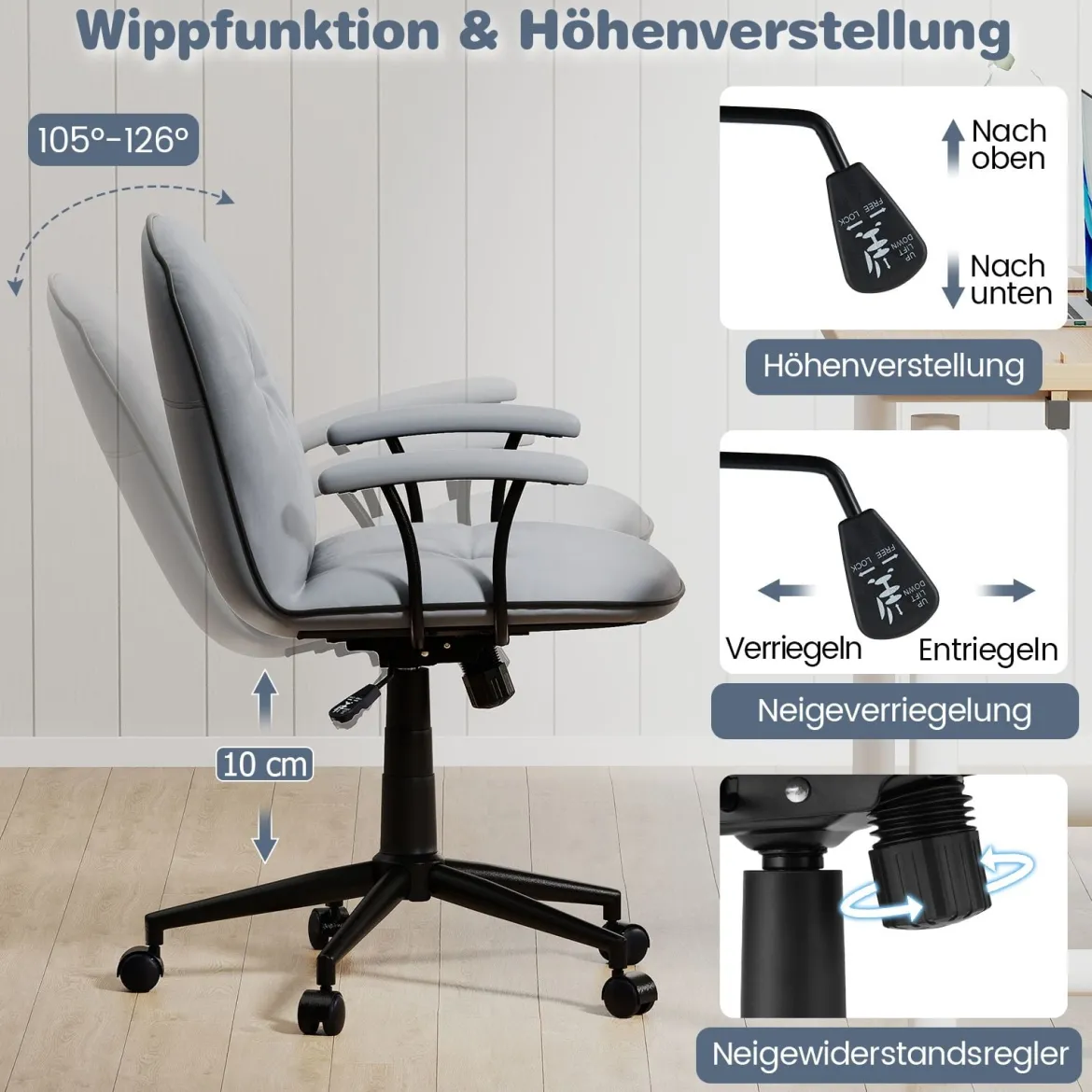 Bürostuhl ergonomischKunstleder Schreibtischstuhl mit gepolsterten Armlehnen & breitem Sitz Grau