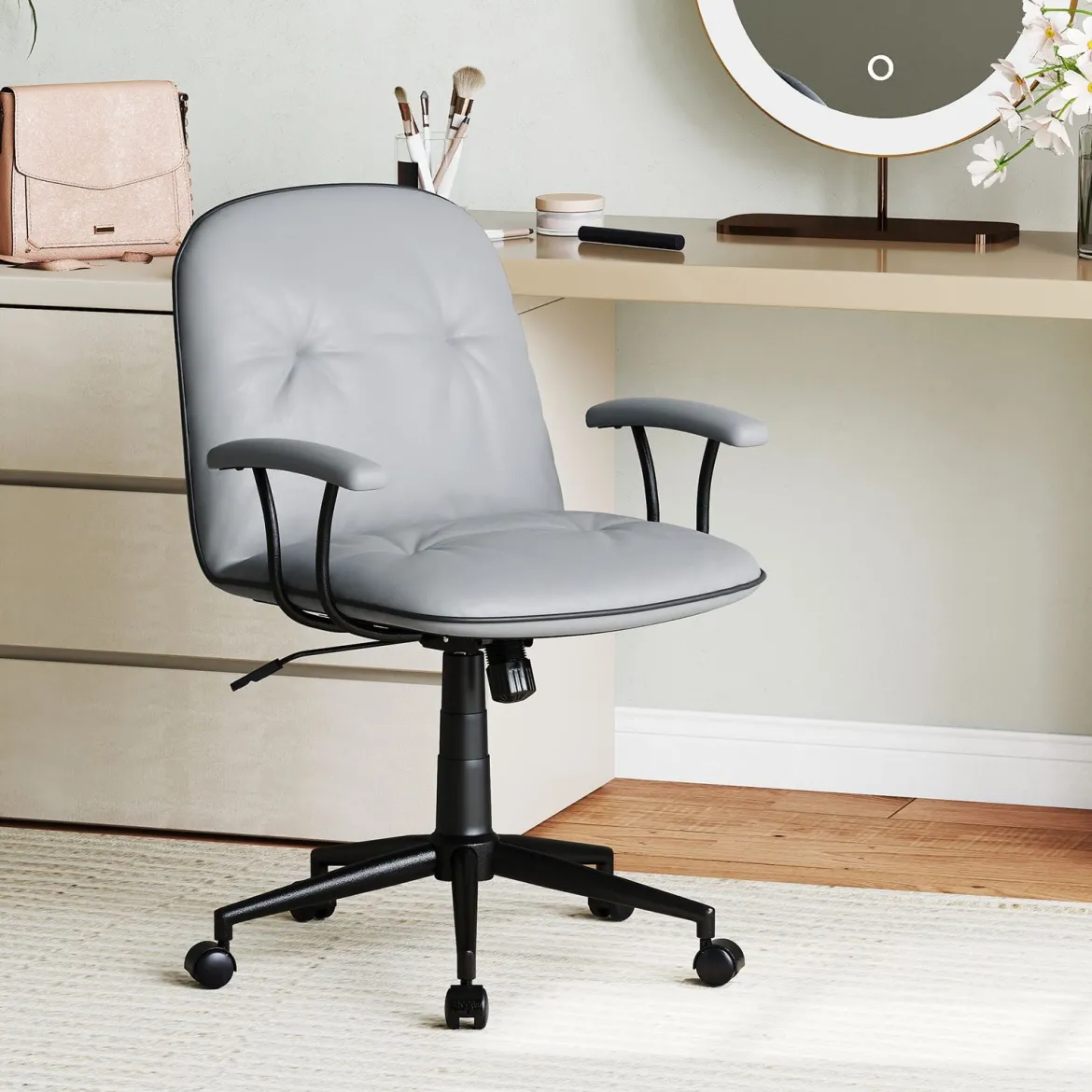 Bürostuhl ergonomischKunstleder Schreibtischstuhl mit gepolsterten Armlehnen & breitem Sitz Grau