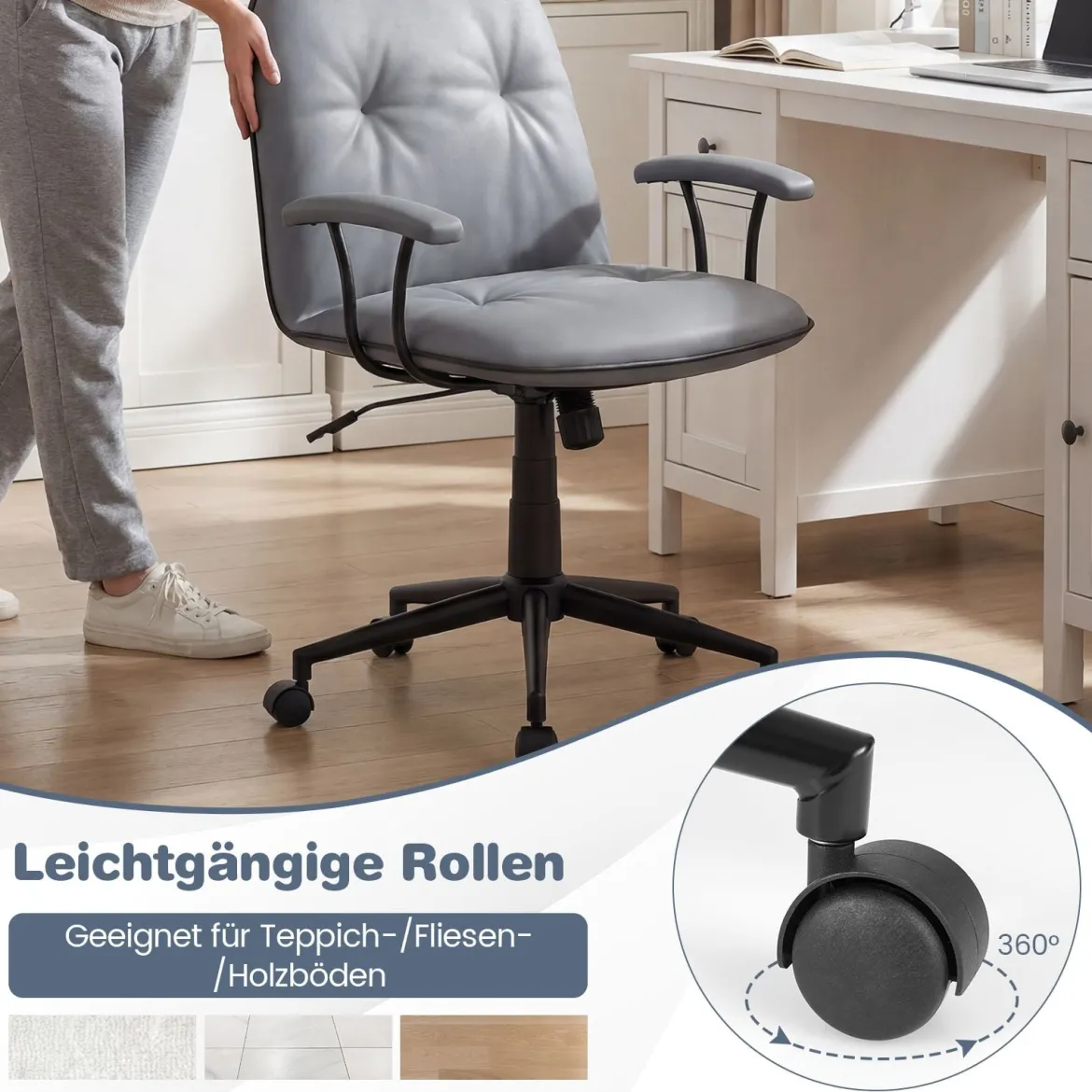 Bürostuhl ergonomischKunstleder Schreibtischstuhl mit gepolsterten Armlehnen & breitem Sitz Grau