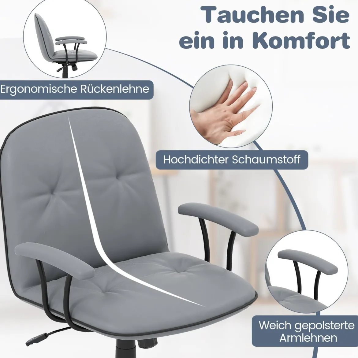 Bürostuhl ergonomischKunstleder Schreibtischstuhl mit gepolsterten Armlehnen & breitem Sitz Grau