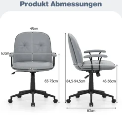 Bürostuhl ergonomischKunstleder Schreibtischstuhl mit gepolsterten Armlehnen & breitem Sitz Grau