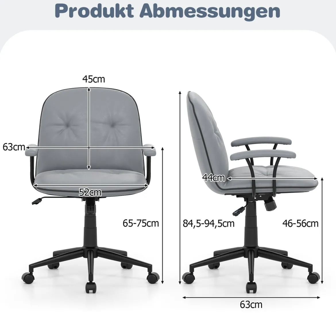 Bürostuhl ergonomischKunstleder Schreibtischstuhl mit gepolsterten Armlehnen & breitem Sitz Grau