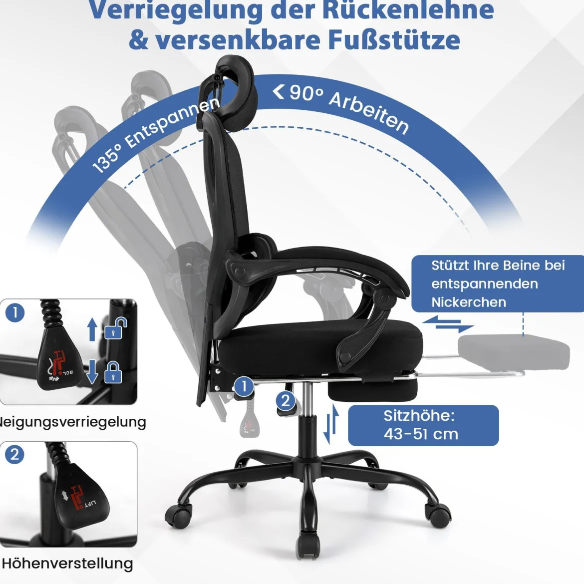 Bürostuhl ergonomisch mit einziehbarer Fußstütze Schreibtischstuhl mit Verstellbarer Rückenlehne Drehstuhl für Zuhause