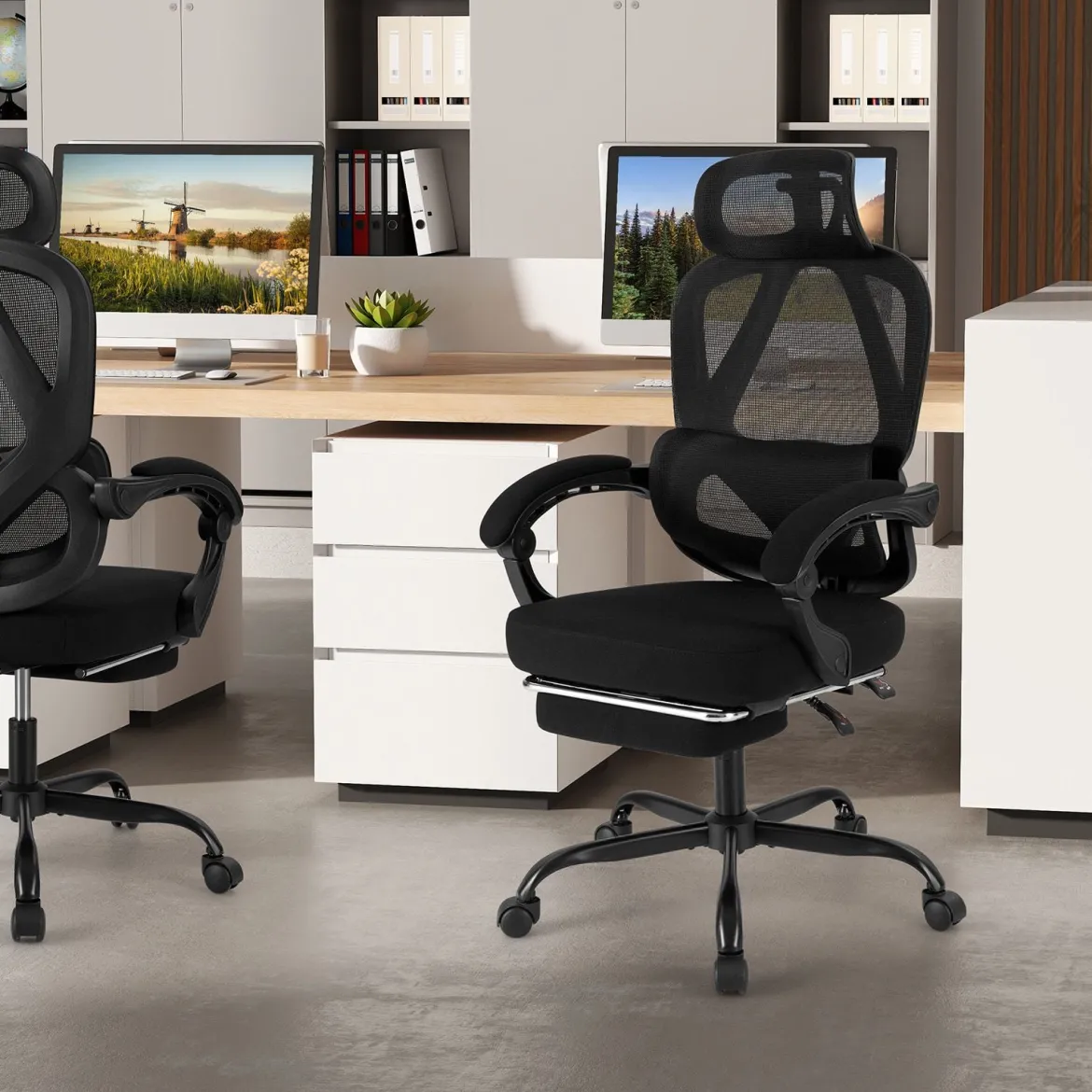 Bürostuhl ergonomisch mit einziehbarer Fußstütze Schreibtischstuhl mit Verstellbarer Rückenlehne Drehstuhl für Zuhause