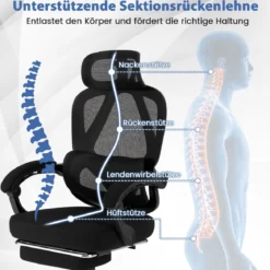 Bürostuhl ergonomisch mit einziehbarer Fußstütze Schreibtischstuhl mit Verstellbarer Rückenlehne Drehstuhl für Zuhause